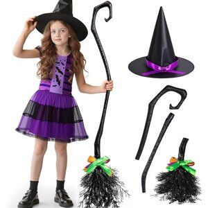 Witches Costume for Girls 3+, Halloween Witches Dresses with Broom, Hat for Role